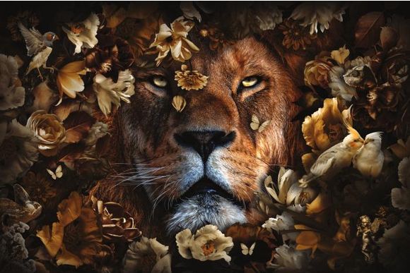 Glasschilderij leeuw met bloemen 080120BS-604