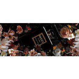 Glasschilderij Gucci parfum met bloemen 050120F-014