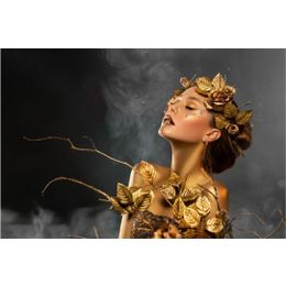 Glasschilderij vrouw met gouden bloemen en blaadjes 080120-779